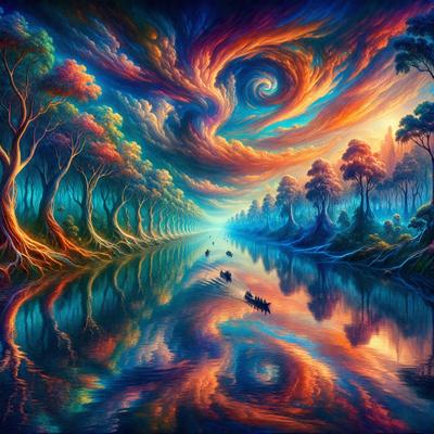 The primary subject of the image is a boat floating on a river, surrounded by a beautiful landscape. The setting includes a forest with trees and a sky filled with colorful clouds. The visual style of the image is a digital art or illustration, creating a vibrant and lively atmosphere. The dominant colors in the scene are blue, green, and orange, which contribute to the overall mood of the image.